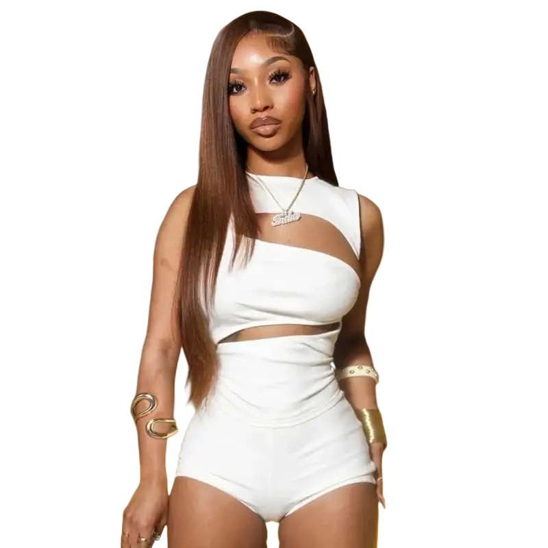 White ribbed knit sleeveless cut-out top with fitted high-waisted shorts in a coordinated summer set