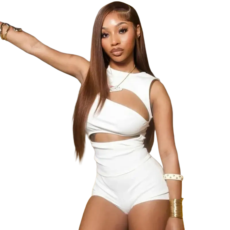 White sleeveless cutout bodysuit paired with high-waisted shorts from black ribbed knit cut out tank top and shorts set