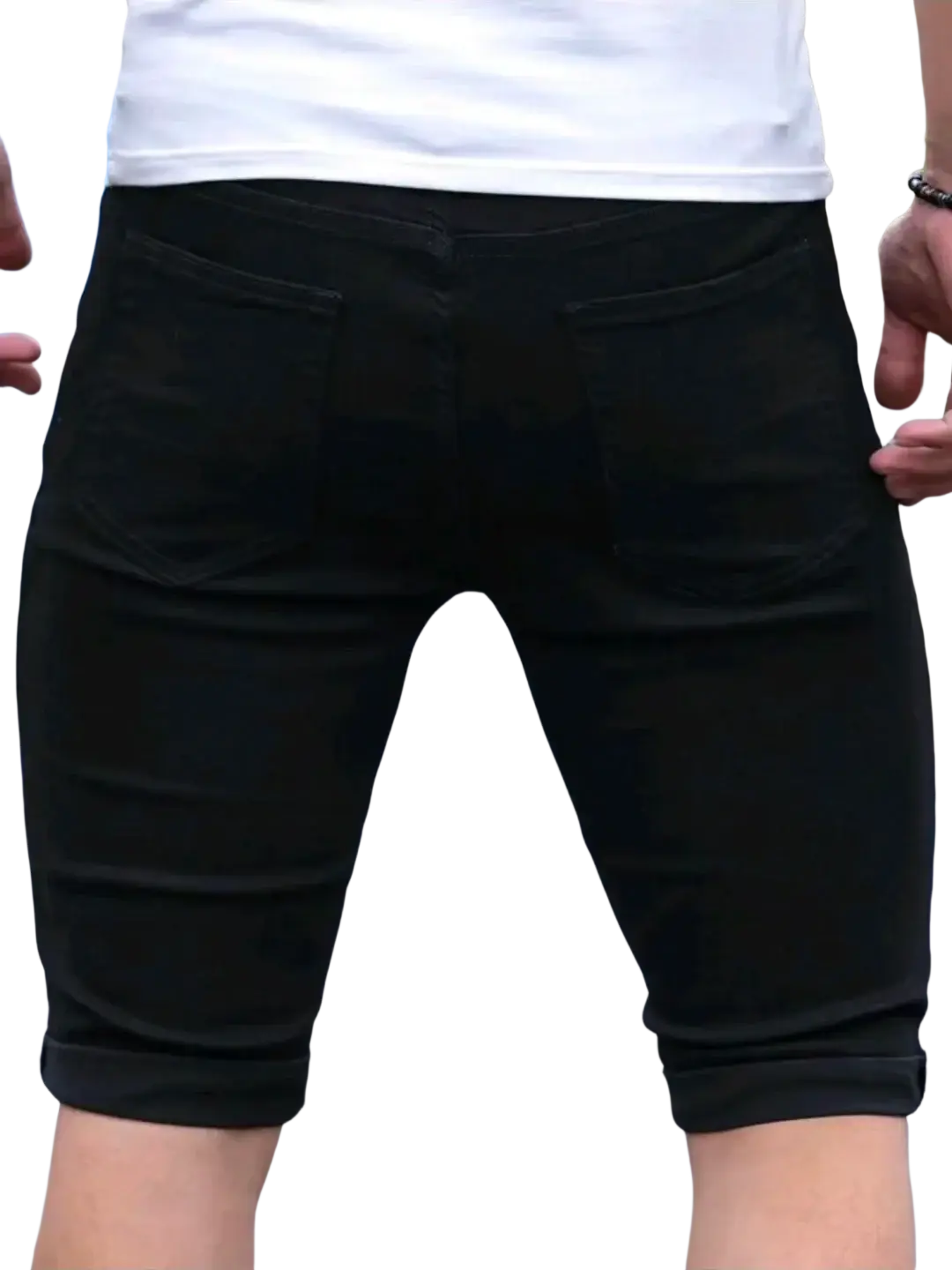 Black ripped denim shorts for men showing the back side with rolled cuffs and rear pockets