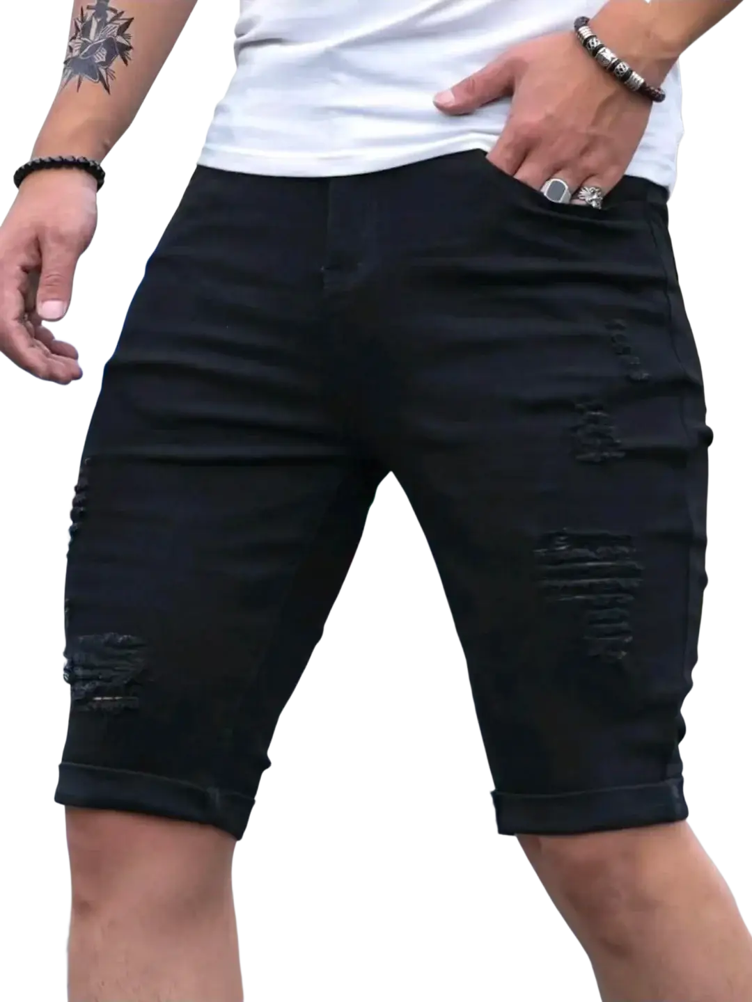 Black ripped denim shorts for men featuring distressed black denim with rolled cuffs