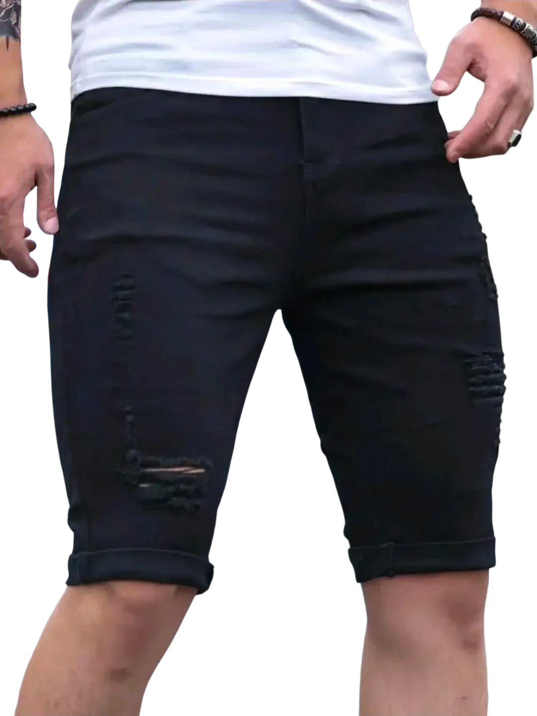 Black ripped denim shorts for men featuring distressed details and rolled cuffs in black denim material
