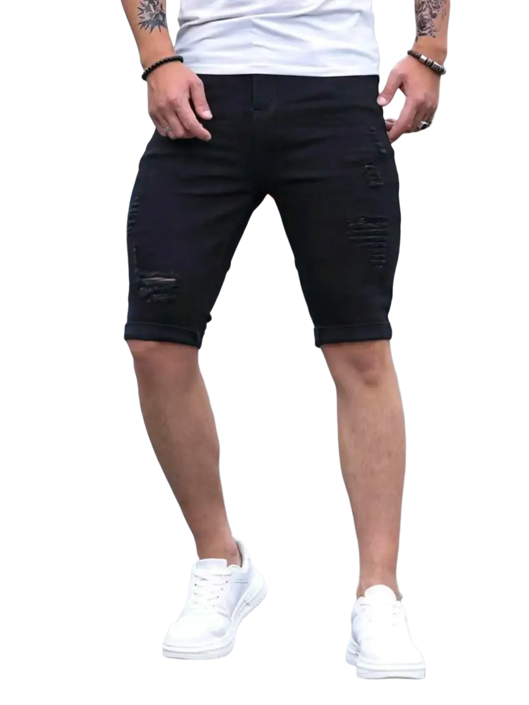 Black ripped denim shorts for men featuring distressed design and rolled cuffs in black denim material