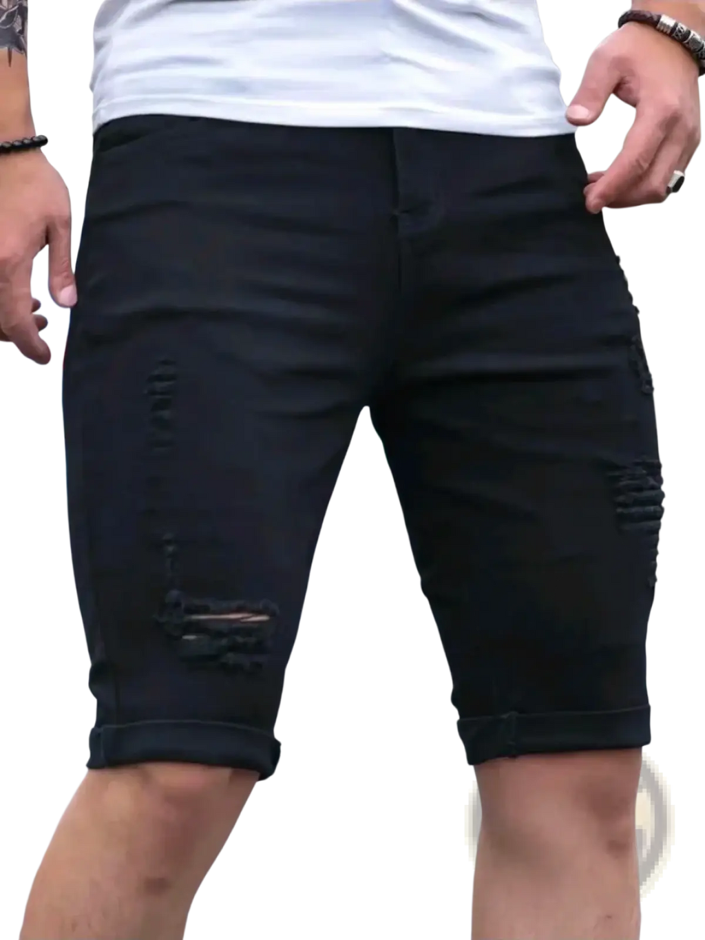 Black ripped denim shorts for men featuring distressed details and rolled cuffs in black denim material