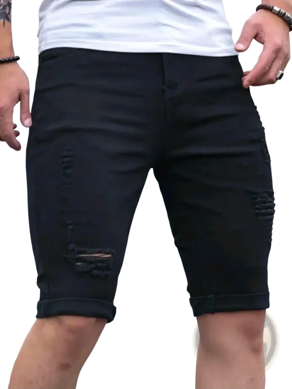 Black ripped denim shorts for men featuring distressed details and rolled cuffs in black denim material