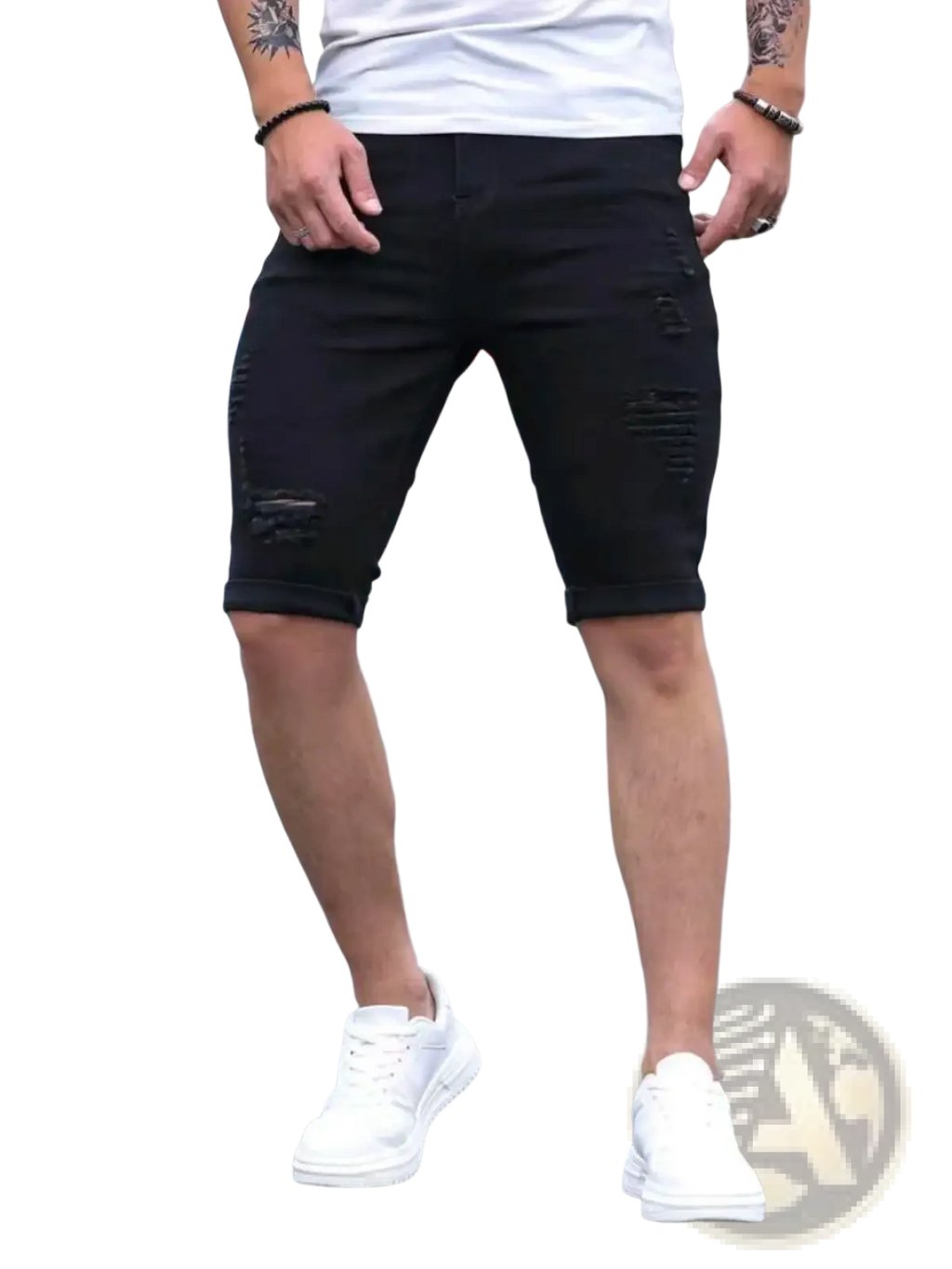 Black ripped denim shorts for men featuring distressed design and rolled cuffs in black denim material