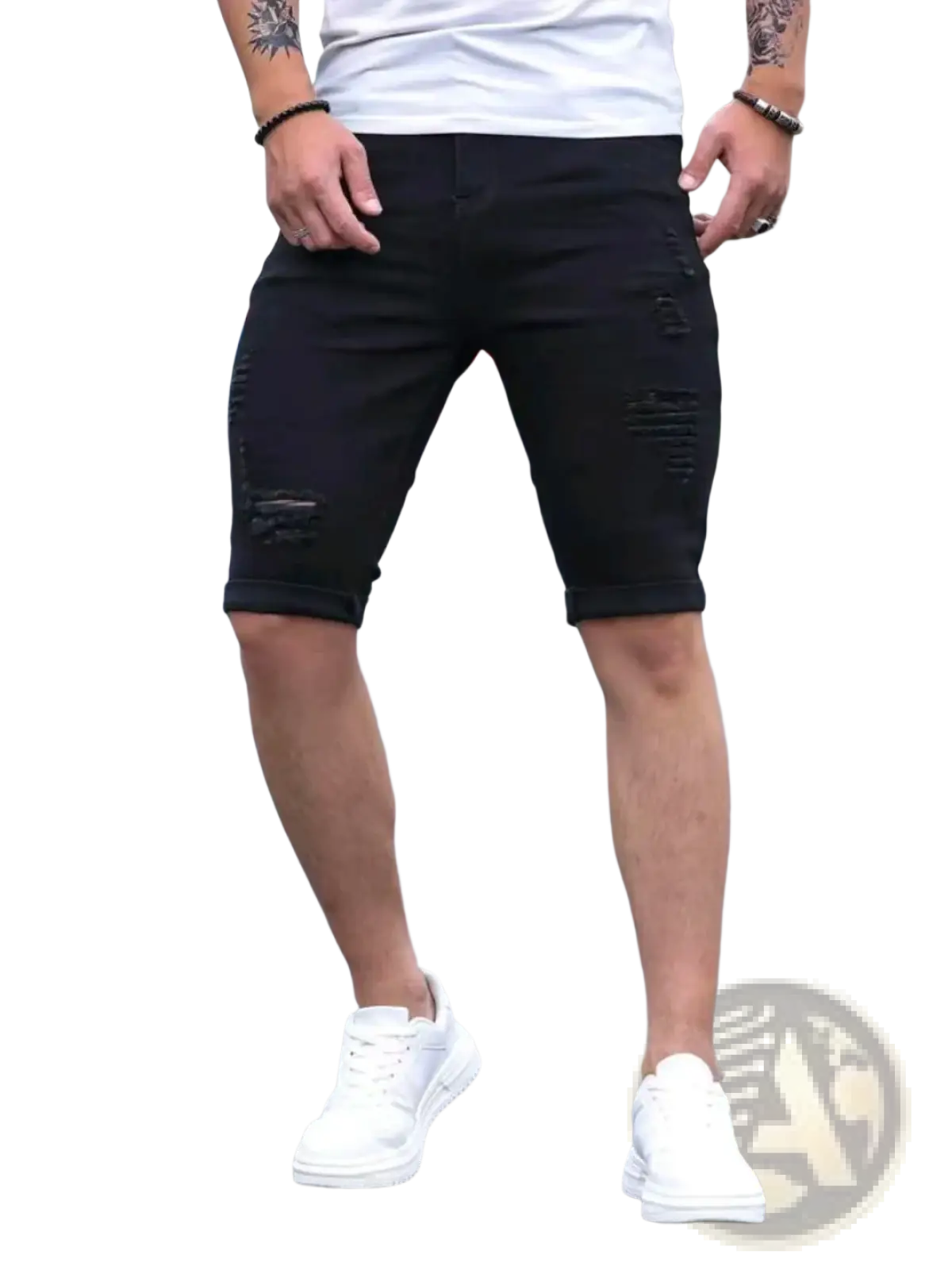 Black ripped denim shorts for men featuring distressed design and rolled cuffs in black denim material