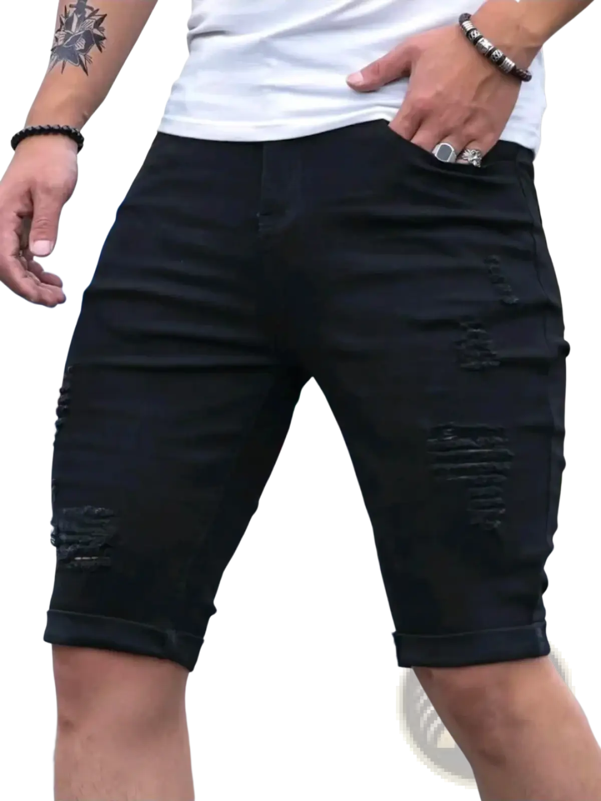Black ripped denim shorts for men featuring distressed black denim with rolled cuffs