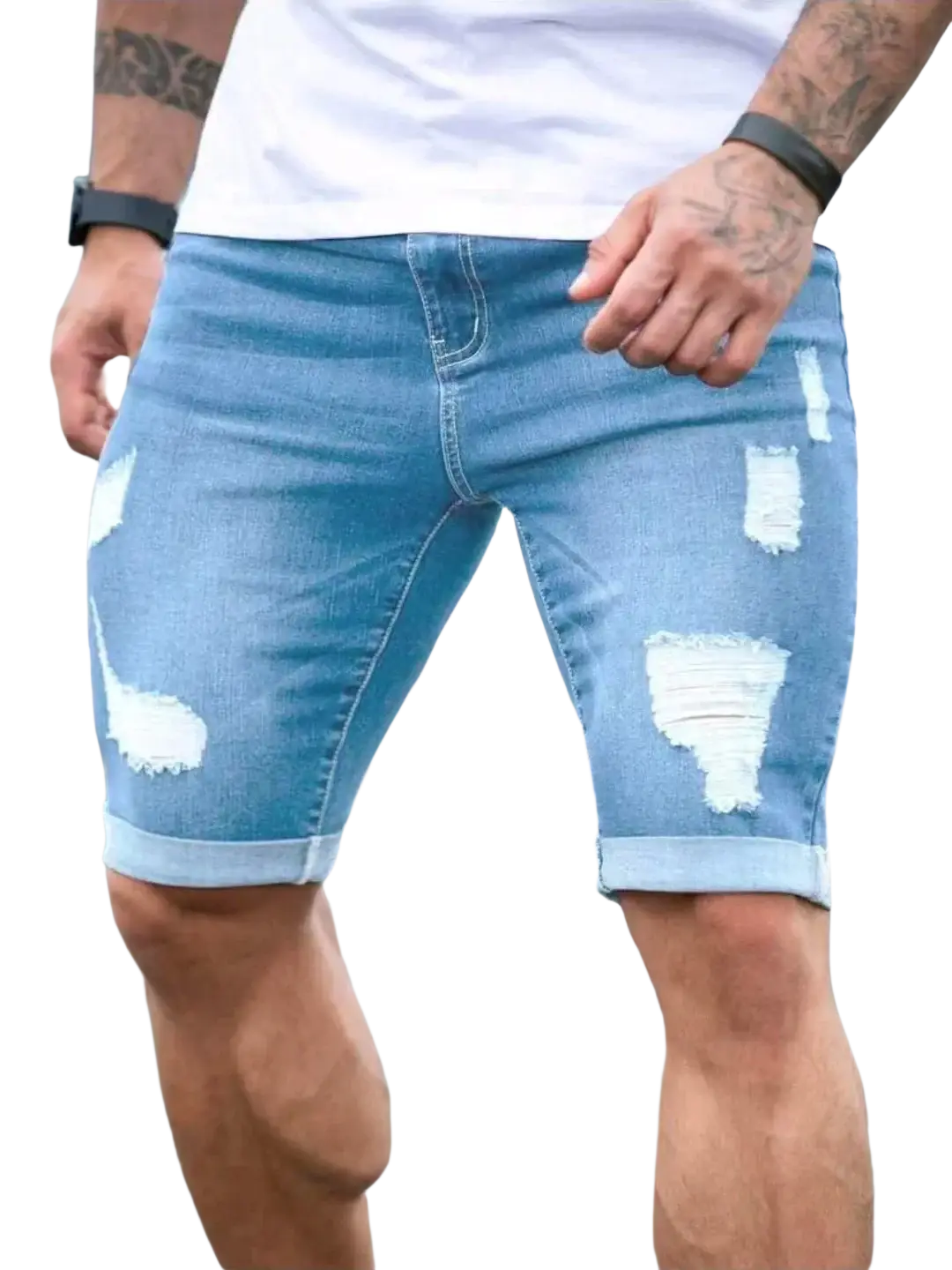 Light blue distressed denim shorts with rolled cuffs and intentional rips for men in black ripped denim style