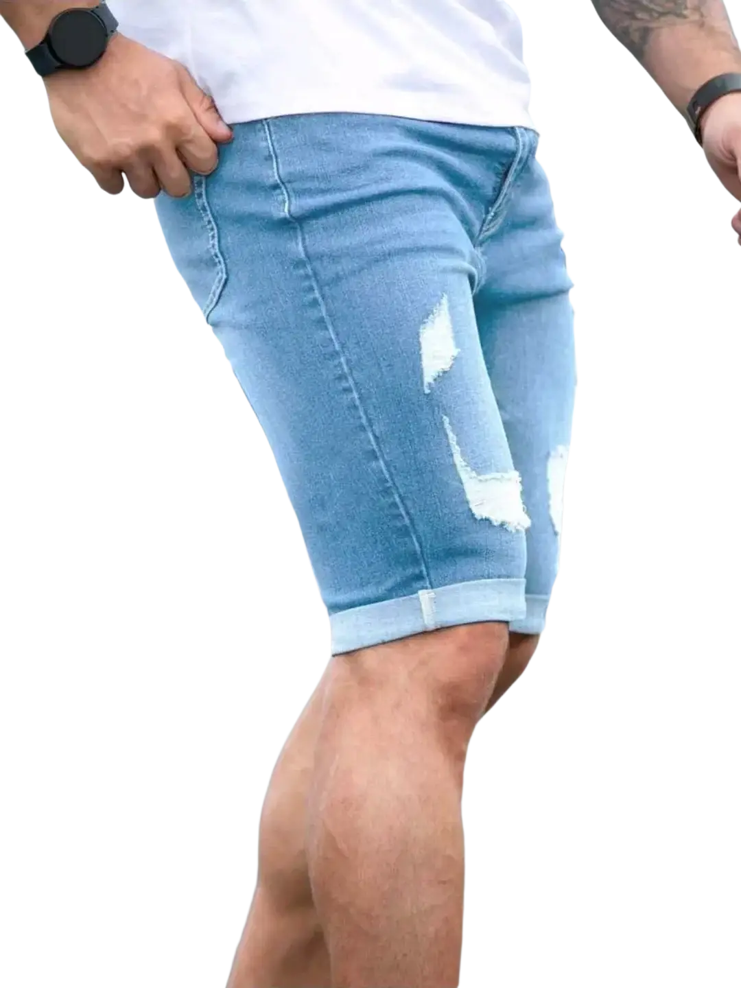 Black ripped denim shorts for men in light wash with distressed thigh details and rolled cuffs for casual wear