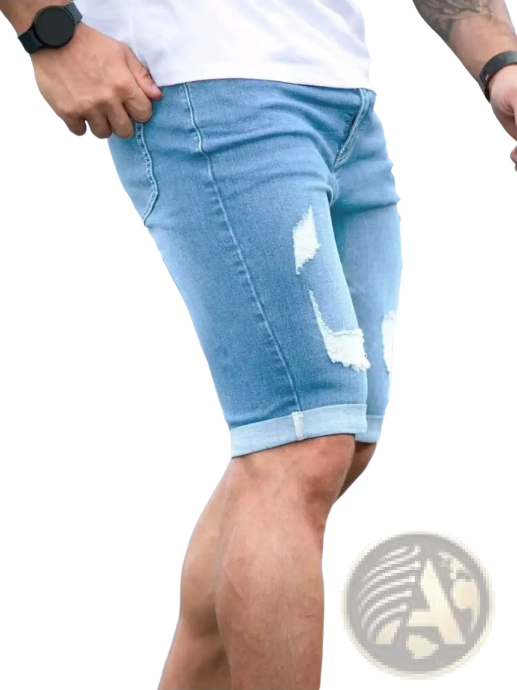 Black ripped denim shorts for men in light wash with distressed thigh details and rolled cuffs for casual wear