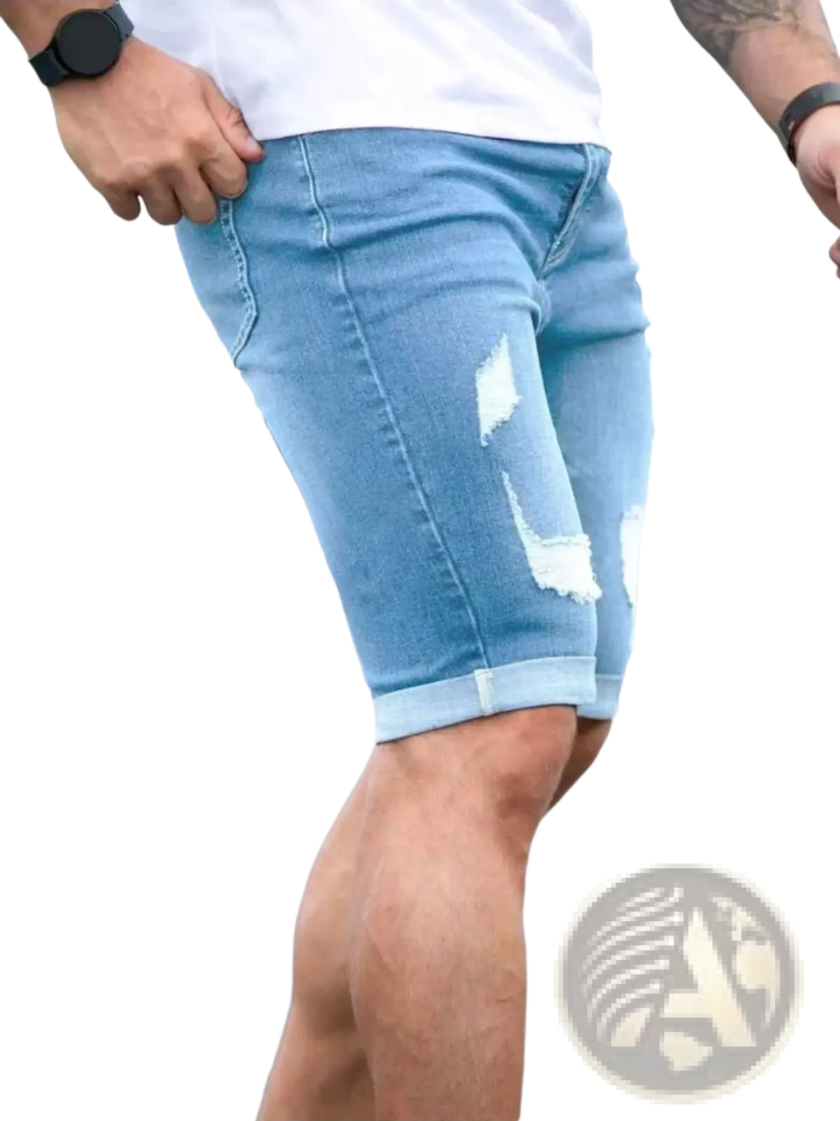 Black ripped denim shorts for men in light wash with distressed thigh details and rolled cuffs for casual wear