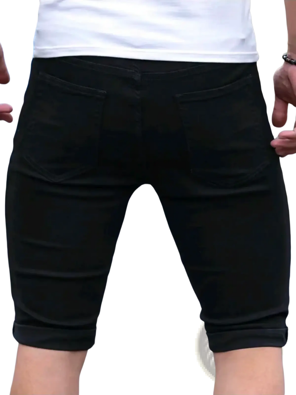 Black ripped denim shorts for men showing the back side with rolled cuffs and rear pockets