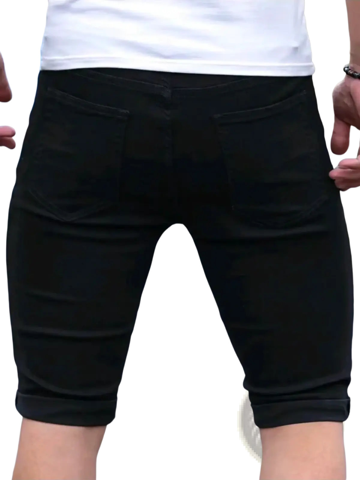 Black ripped denim shorts for men showing the back side with rolled cuffs and rear pockets