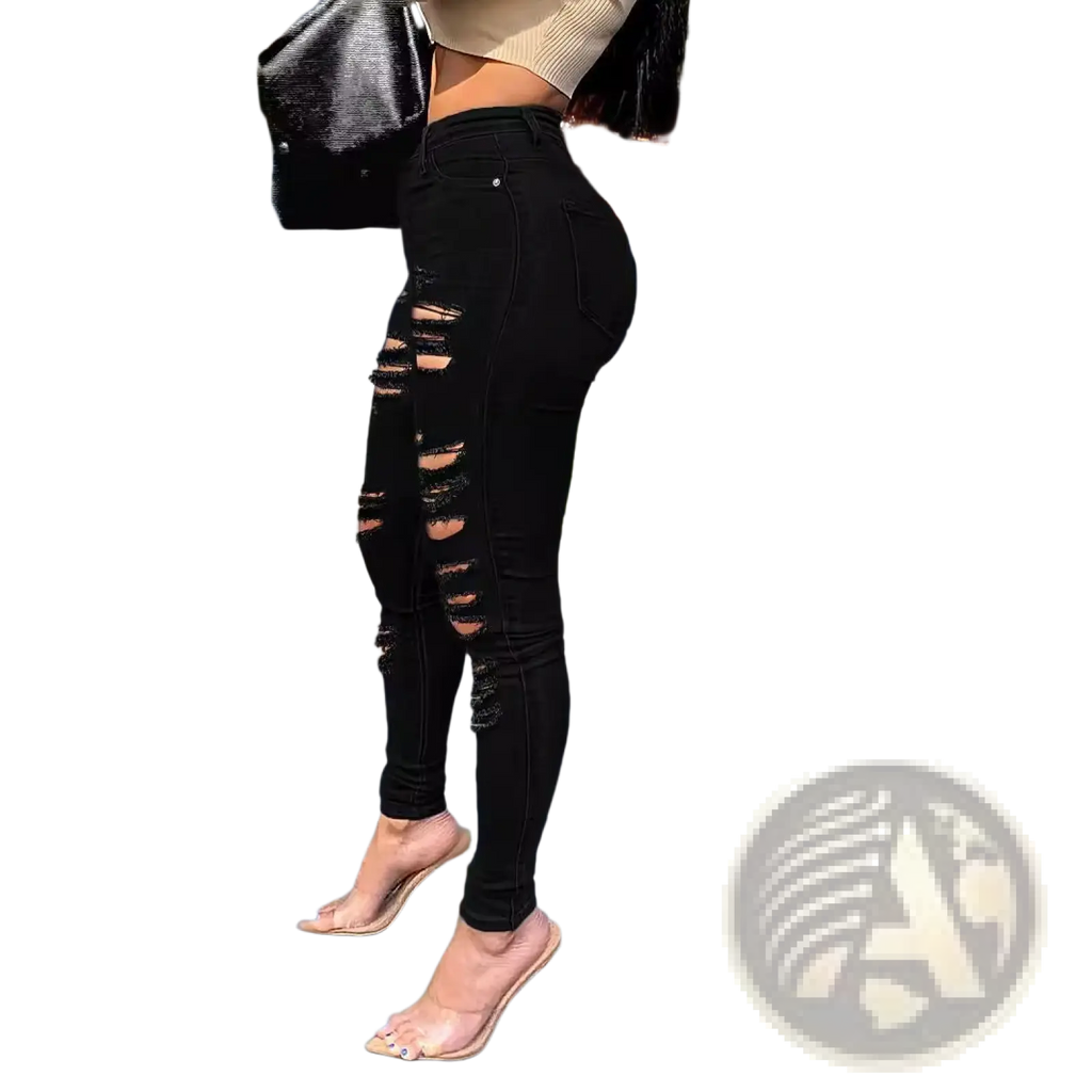 Black ripped high waisted skinny jeans featuring distressed patches and a slim fit design for casual wear