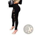 Black ripped high waisted skinny jeans featuring distressed patches and a slim fit design for casual wear