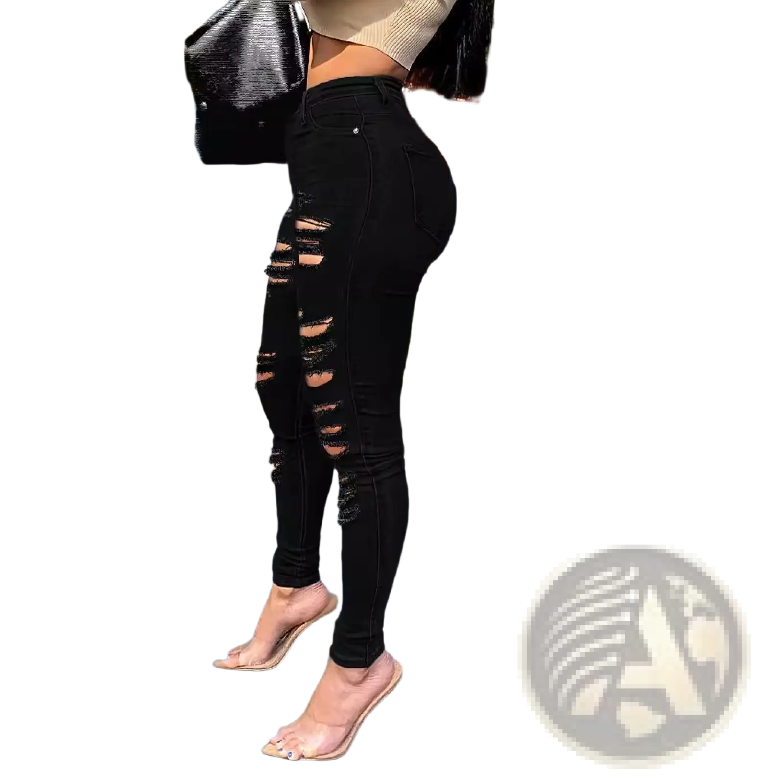 Black ripped high waisted skinny jeans featuring distressed patches and a slim fit design for casual wear