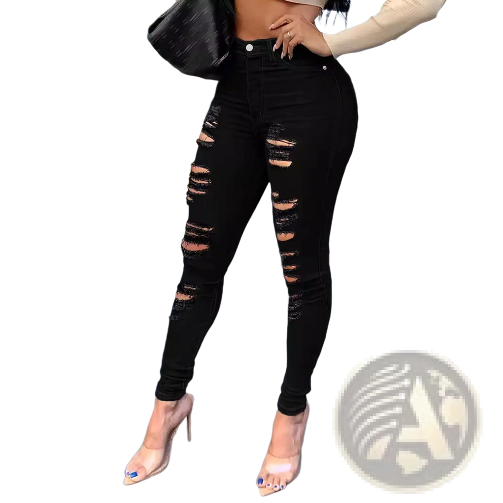 Black ripped high waisted skinny jeans featuring distressed patches and a classic five pocket design