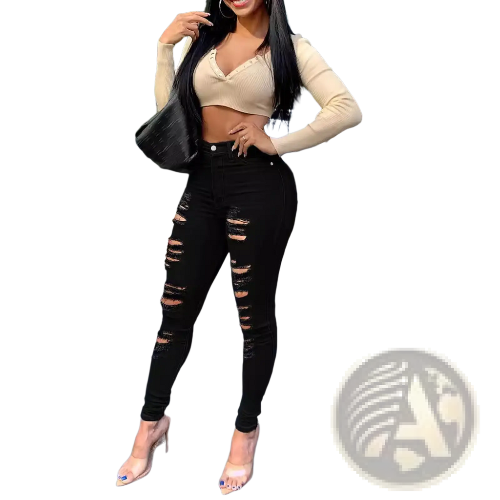 Black ripped high waisted skinny jeans with button closure made from stretchy denim for a fashionable fit