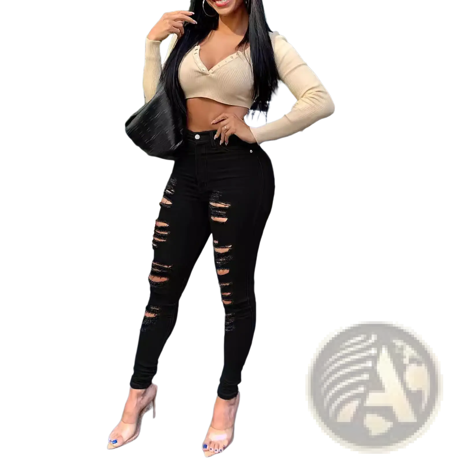 Black ripped high waisted skinny jeans with button closure made from stretchy denim for a fashionable fit