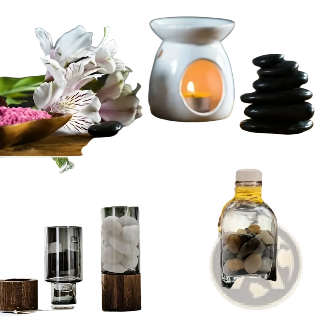 White ceramic oil burner with lit candle inside displayed alongside black river rocks 2-3 inch polished pebbles 38lbs