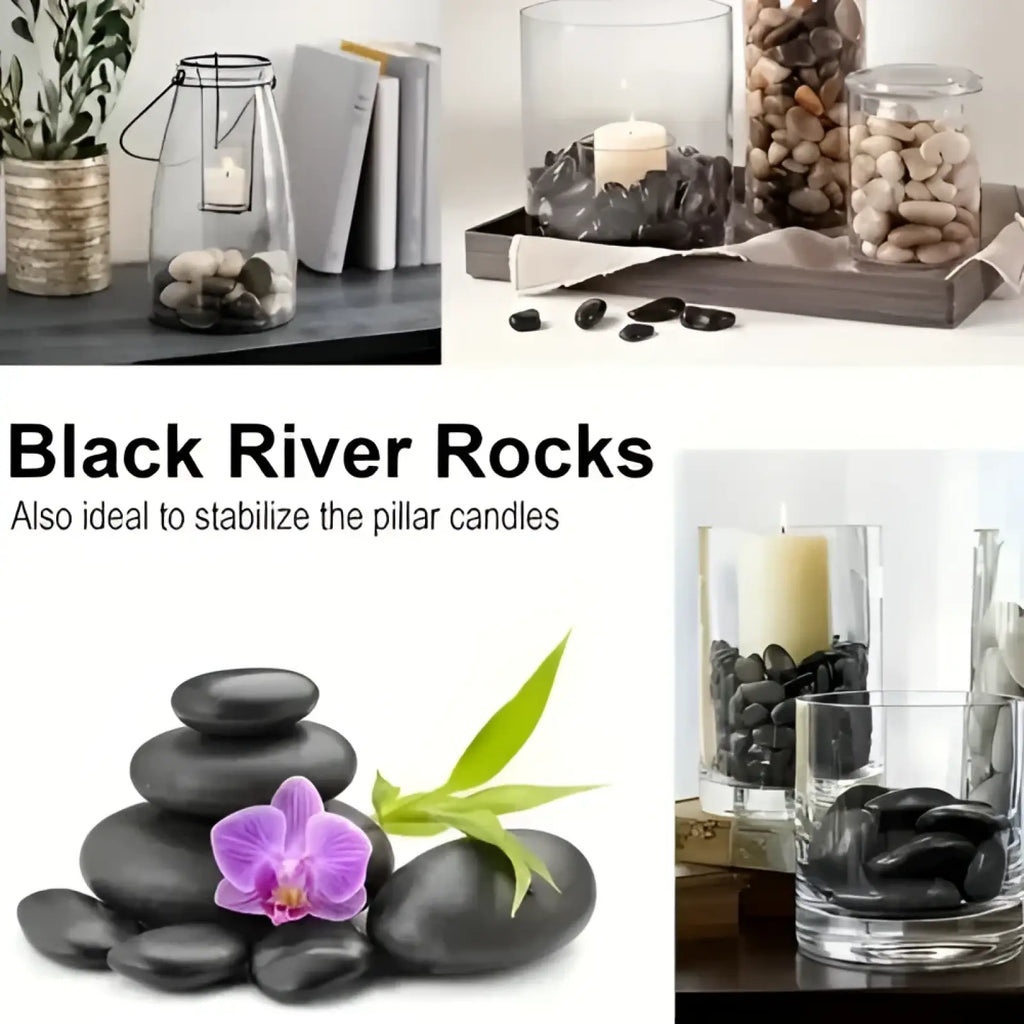 Black river rocks 2-3 inch polished pebbles featuring smooth matte black finish ideal for landscaping and decoration