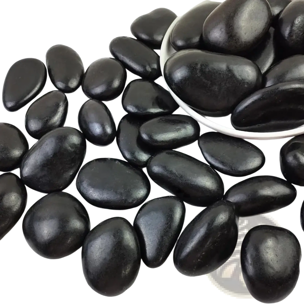 Black river rocks 2-3 inch polished pebbles with a smooth glossy finish weighing 38lbs for landscaping use