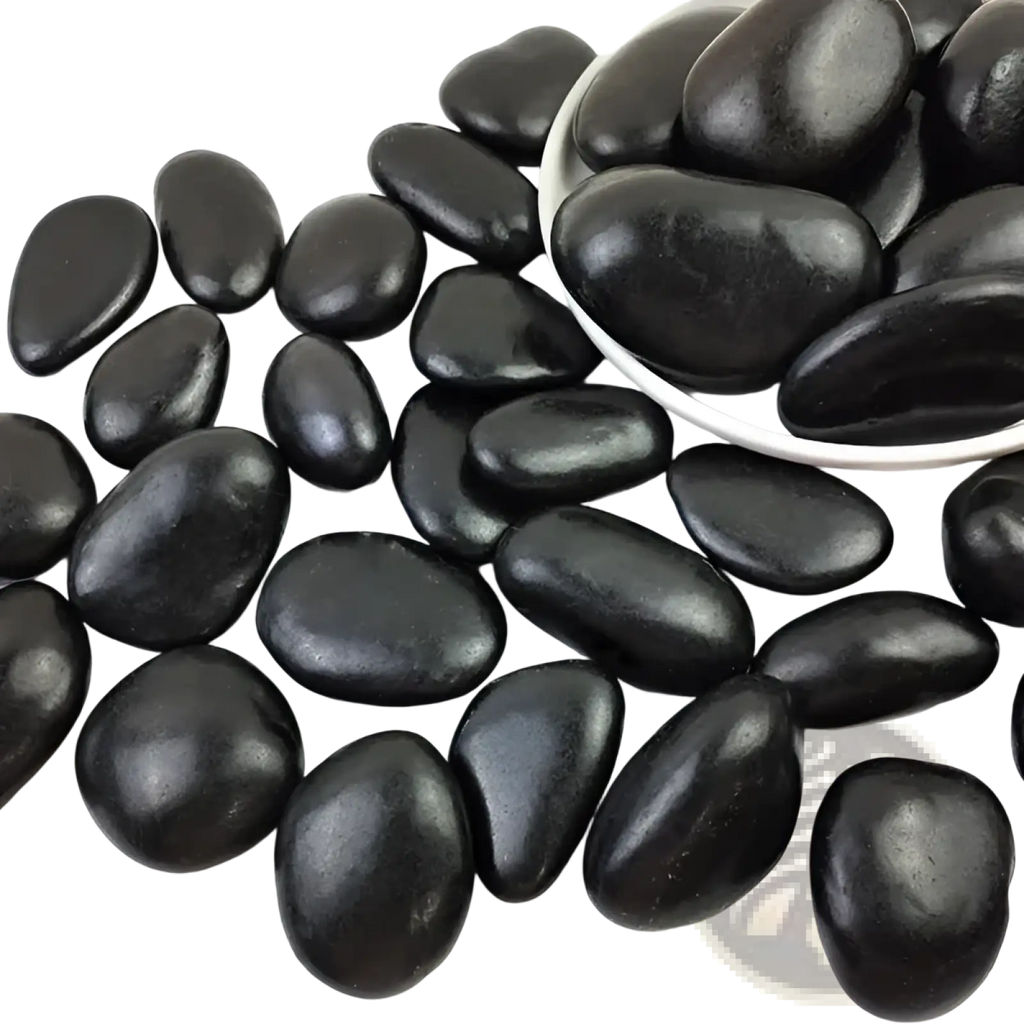 Black 2-3 inch polished river rocks with smooth glossy finish ideal for landscaping and decorating weighing 38lbs
