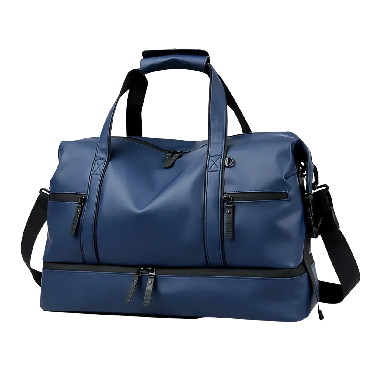 Blue duffel bag with black handles and zippers, large capacity black rolling duffel travel bag for convenient packing