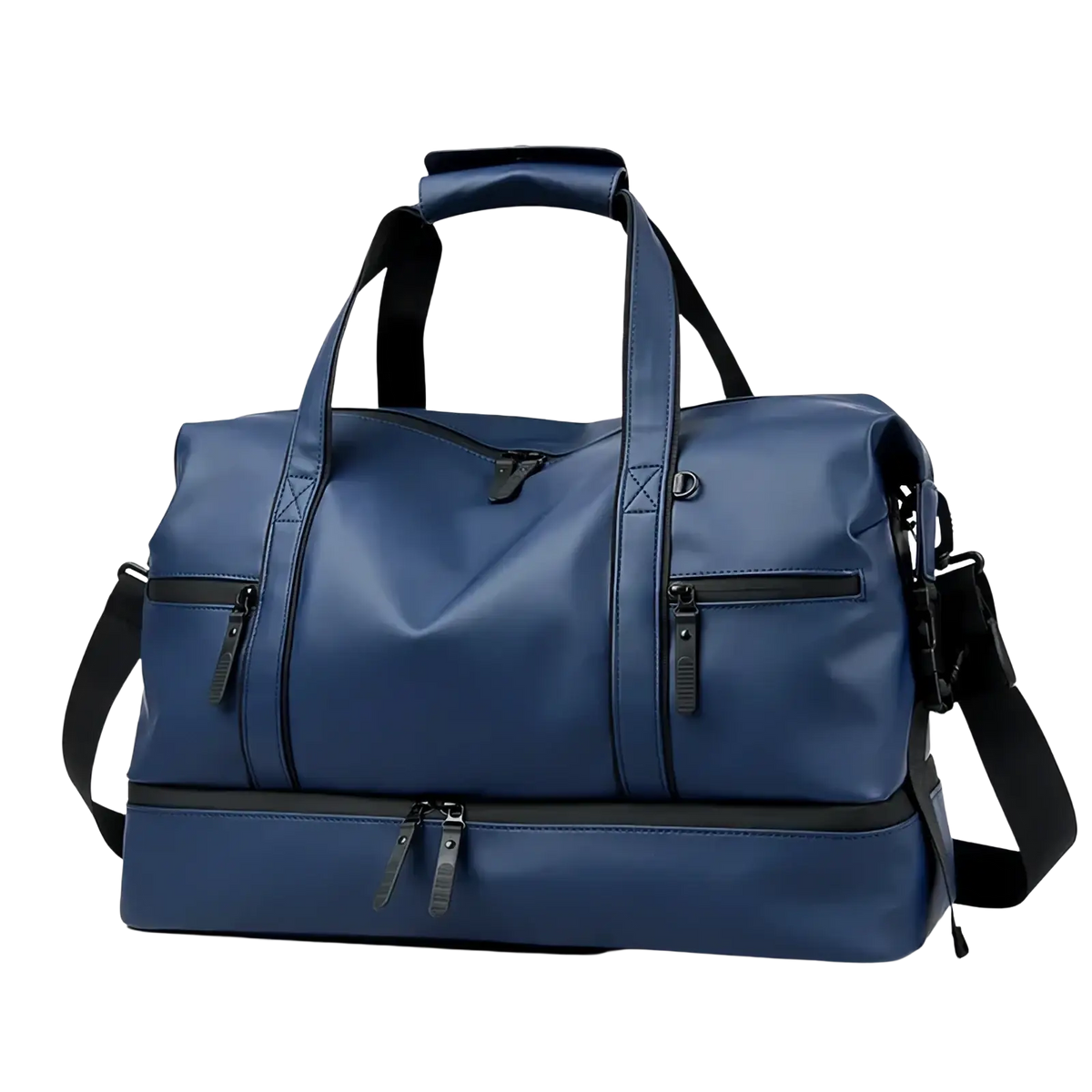 Blue duffel bag with black zippers and handles for large capacity rolling duffel travel bag use