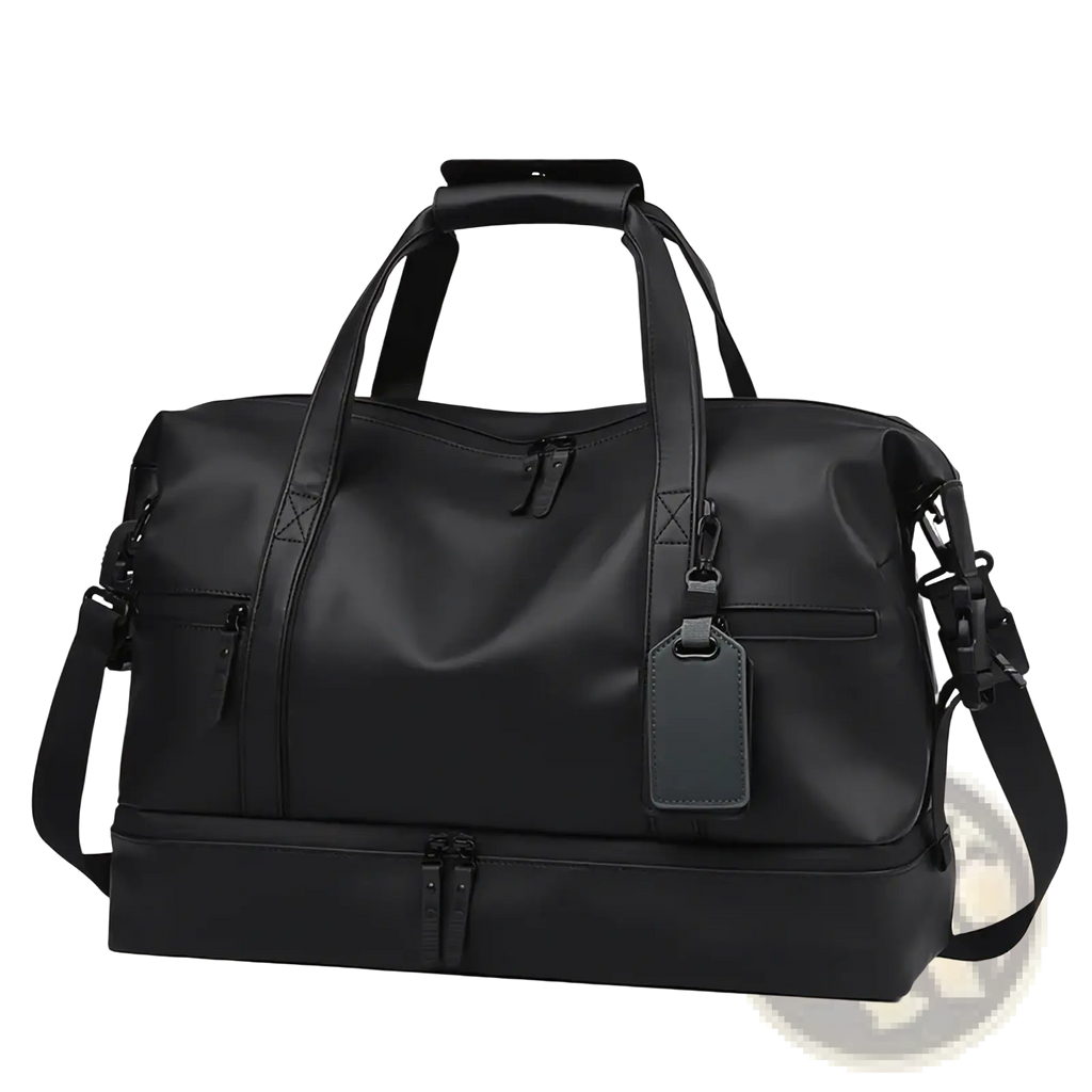 Black rolling duffel travel bag made of durable material with reinforced handles and adjustable shoulder strap for large capacity use