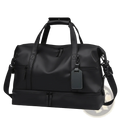 Black rolling duffel travel bag made of durable material with reinforced handles and adjustable shoulder strap for large capacity use