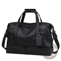 Black rolling duffel travel bag made of durable material with reinforced handles and adjustable shoulder strap for large capacity use
