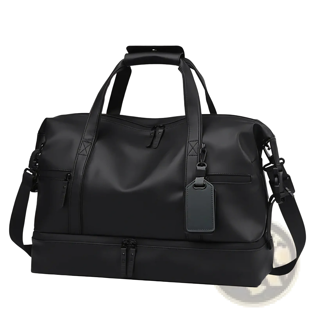Black rolling duffel travel bag made of durable material with reinforced handles and adjustable shoulder strap for large capacity use
