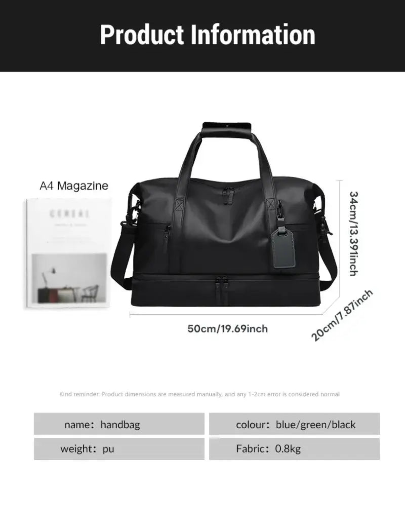 Black rolling duffel travel bag made of durable fabric with dual top handles and detachable shoulder strap