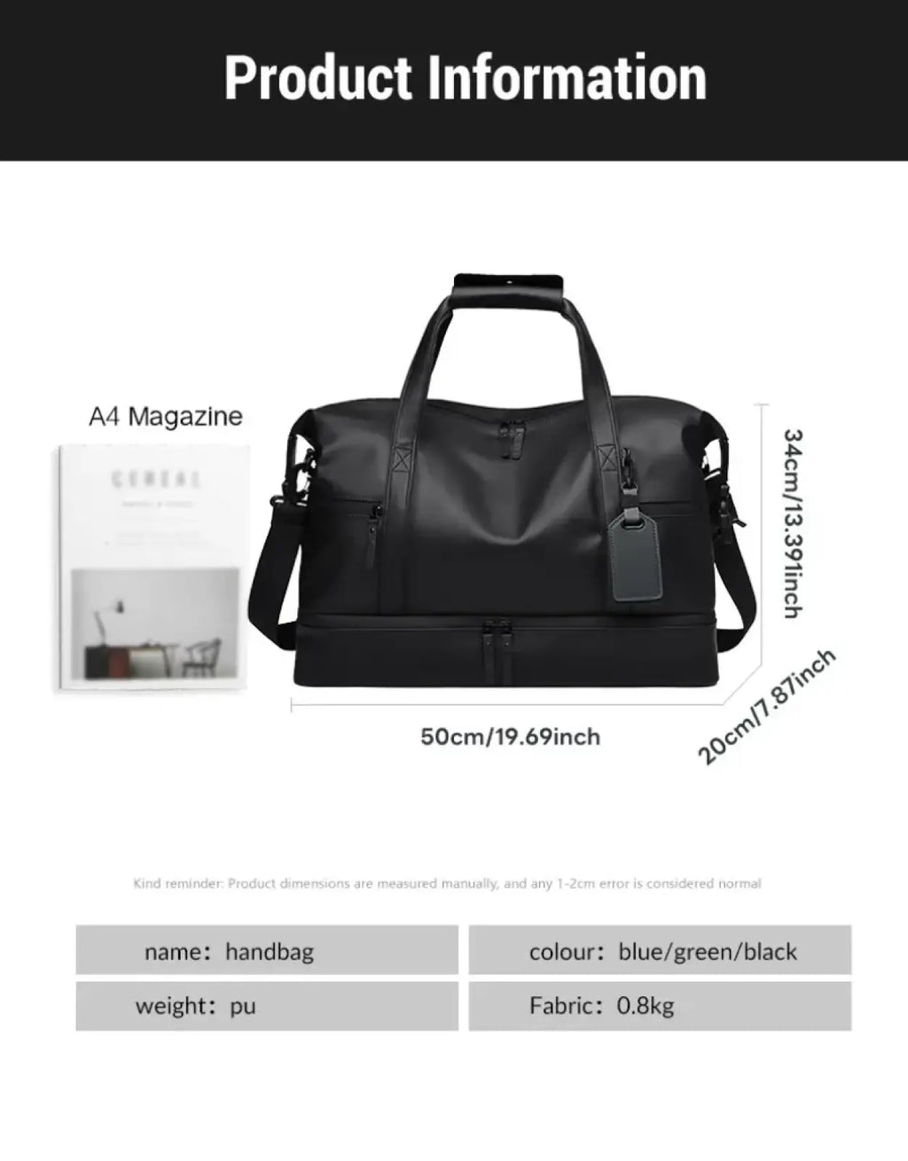 Black rolling duffel travel bag made of durable fabric with dual top handles and detachable shoulder strap