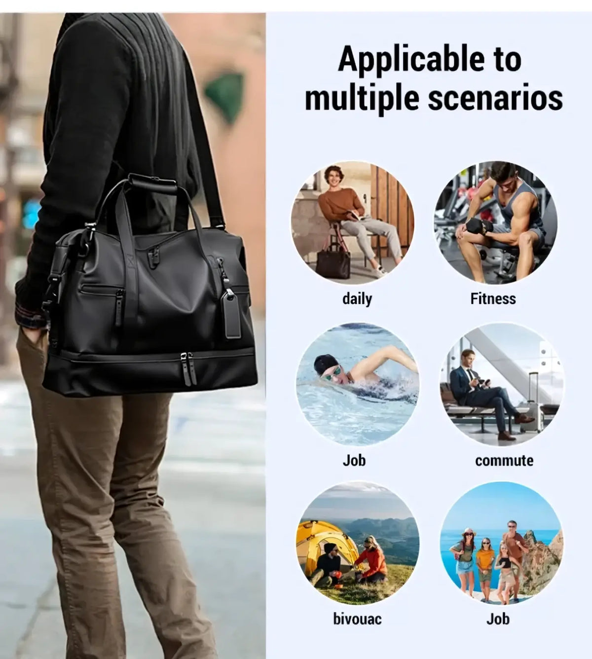 Black leather rolling duffel travel bag with large capacity multiple zippers and a tag for organized packing