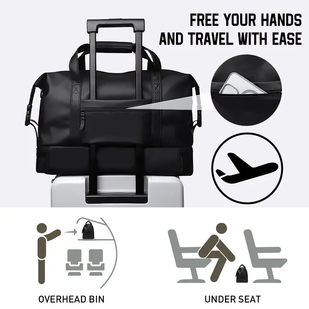 Black rolling duffel travel bag with large capacity, multiple compartments, retractable handle, and durable material