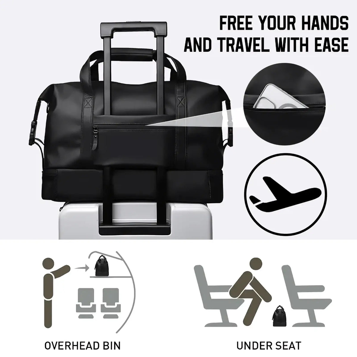 Black rolling duffel travel bag with large capacity, multiple compartments, retractable handle, and durable material