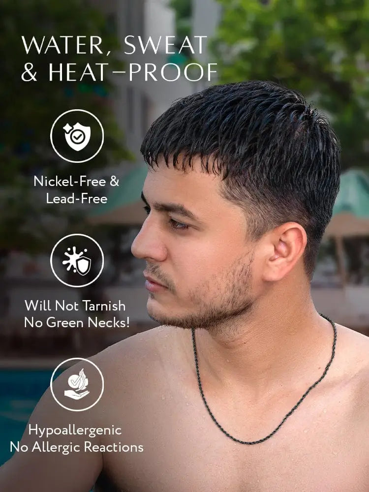 Black beaded 3mm black diamond cut stainless steel rope chain necklace worn by a man