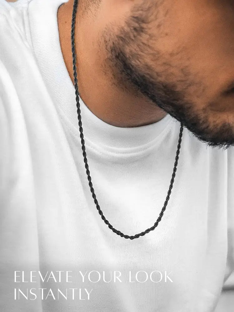 3mm black diamond cut stainless steel rope chain necklace showcasing its sleek texture and durable design
