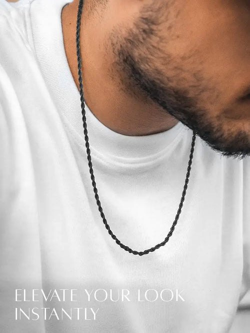 3mm black diamond cut stainless steel rope chain necklace showcasing its sleek texture and durable design