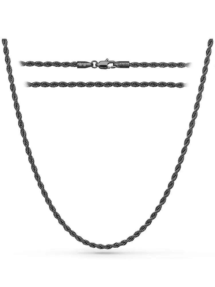 3mm black diamond cut stainless steel rope chain necklace with twisted design and sturdy clasp in black color