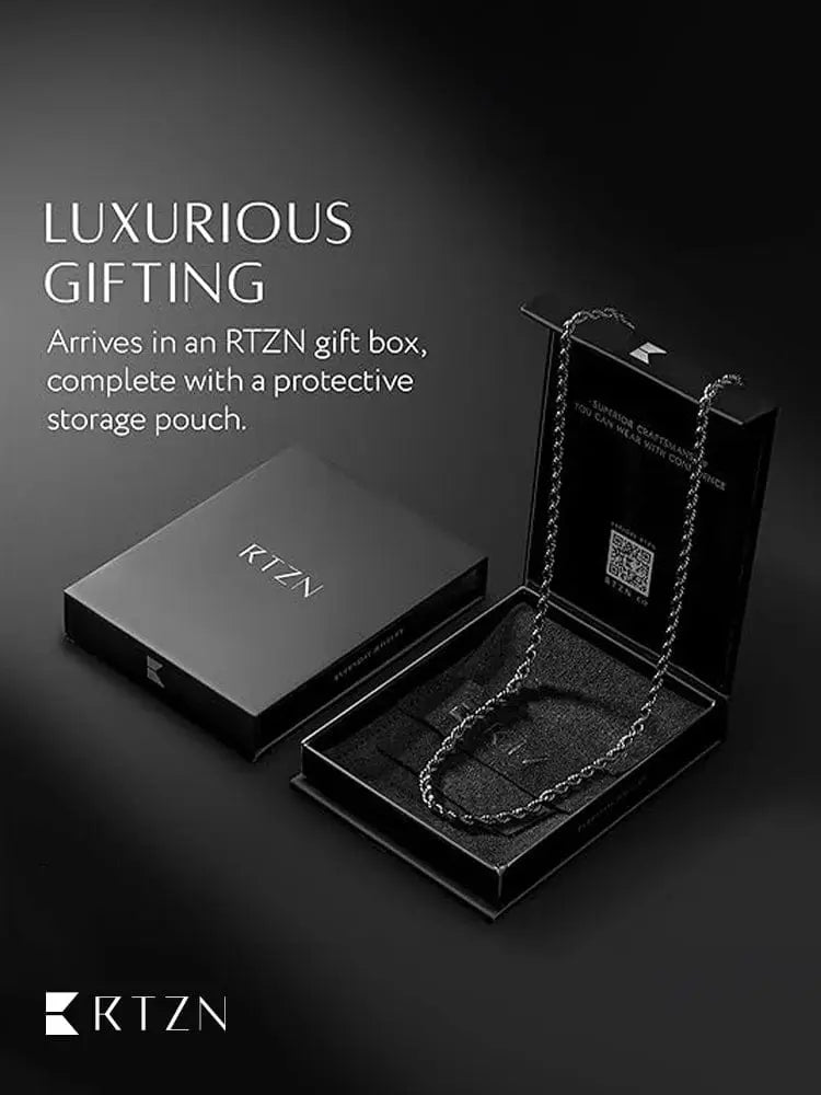 Silver-toned 3mm black diamond cut stainless steel rope chain necklace displayed in an rtzn gift box