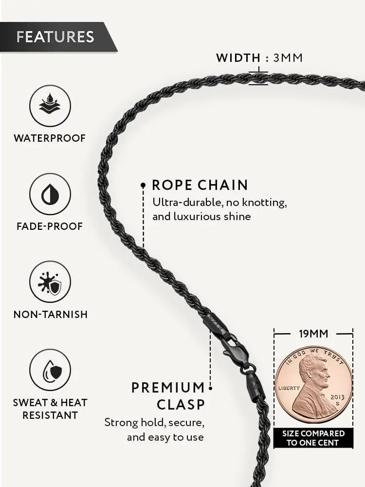 3mm black diamond cut stainless steel rope chain necklace with premium clasp designed for durability and luxury