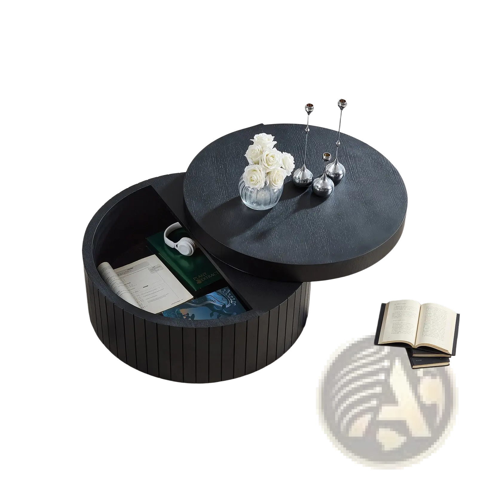 Black round coffee table with storage, hinged lid, slatted base, and textured surface for functional decor