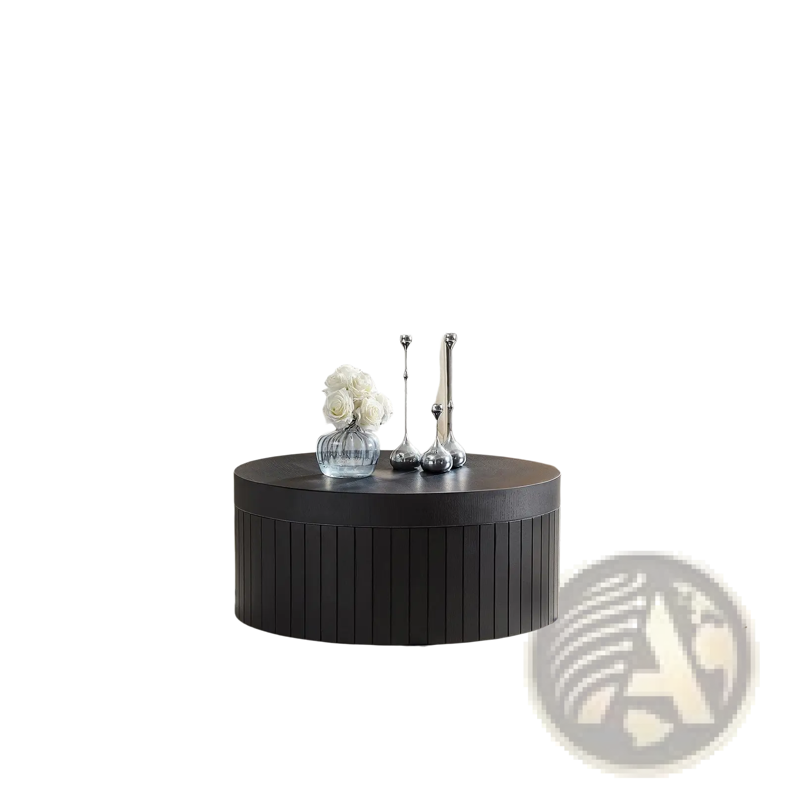 Black round coffee table with storage featuring vertical slats and a smooth top surface in a sleek design