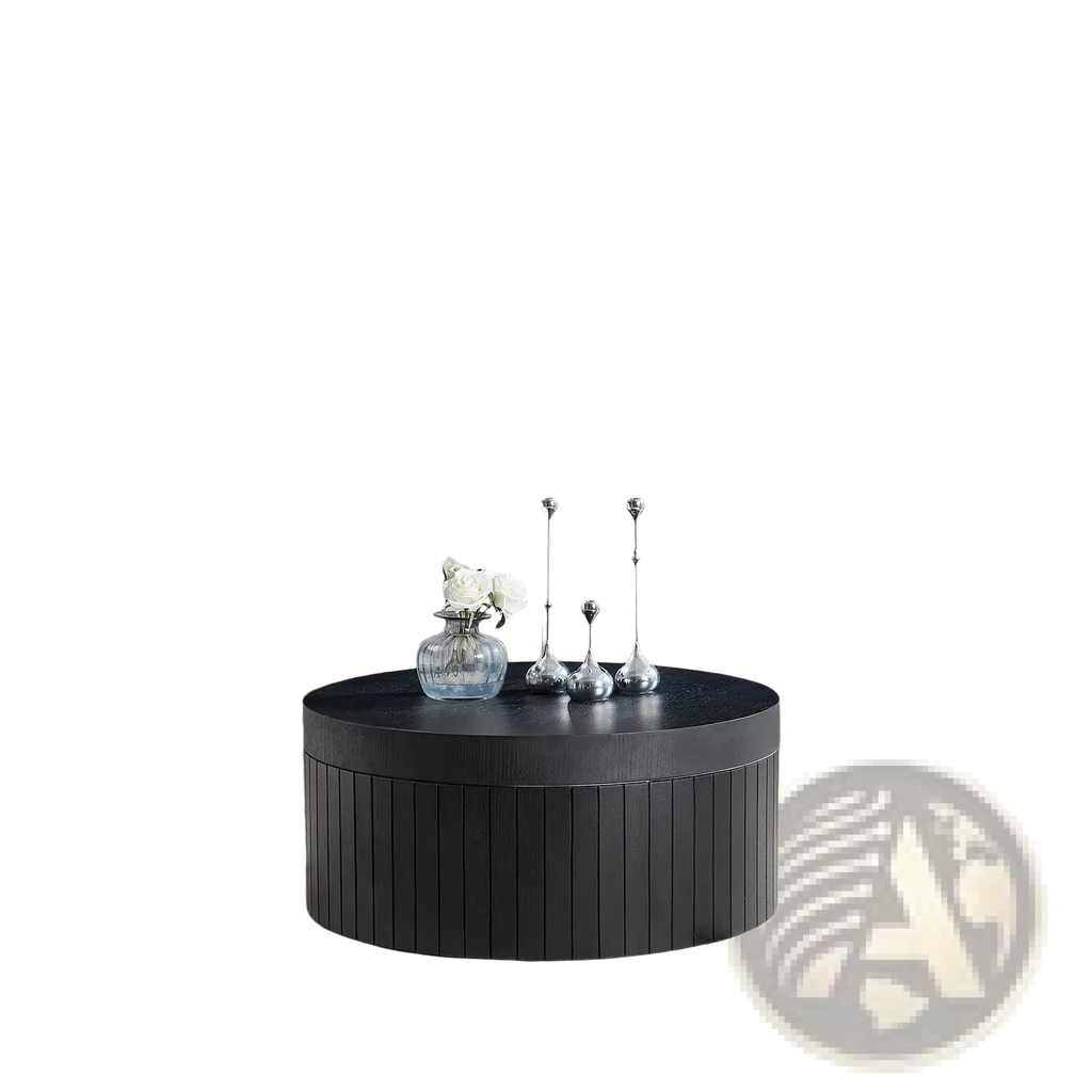 Black round coffee table with vertical slatted base, smooth top surface, and storage in a modern design