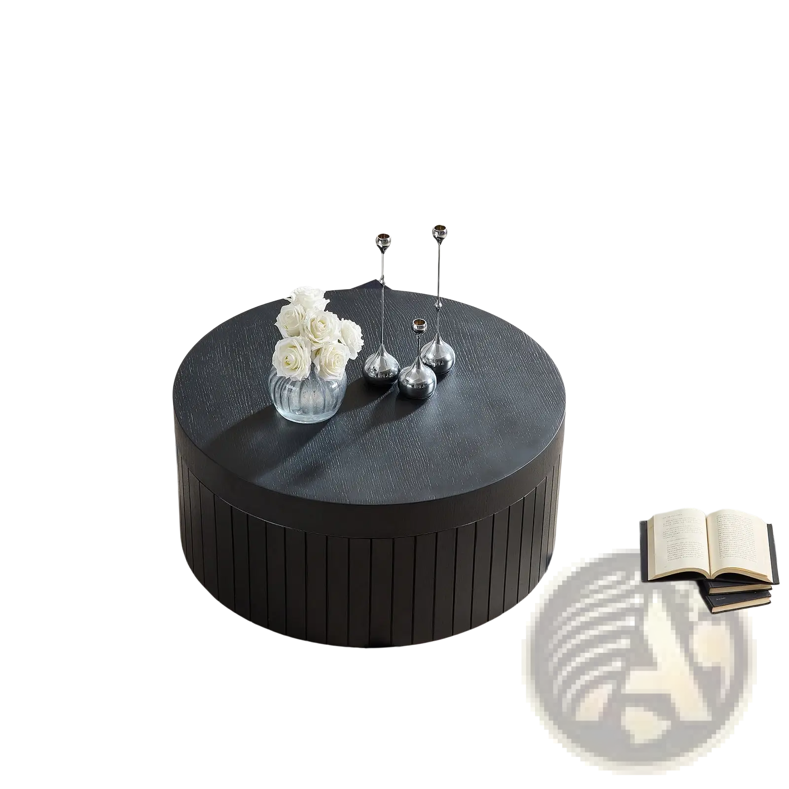 Black round coffee table with vertical slats base and textured surface featuring convenient storage space