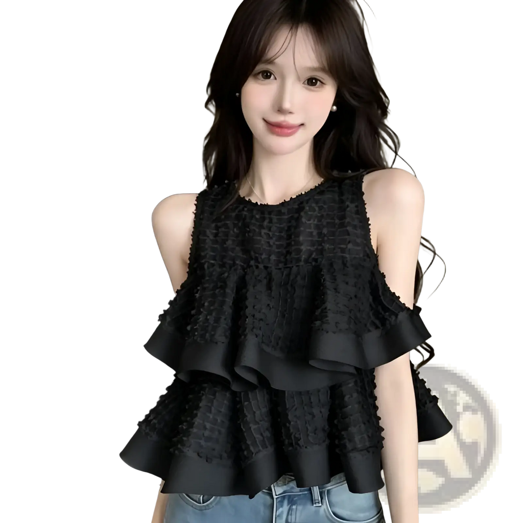 Black ruffled sleeveless blouse with layered frill design and textured fabric for elegant casual wear