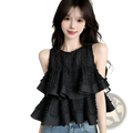 Black ruffled sleeveless blouse with layered frill design and textured fabric for elegant casual wear